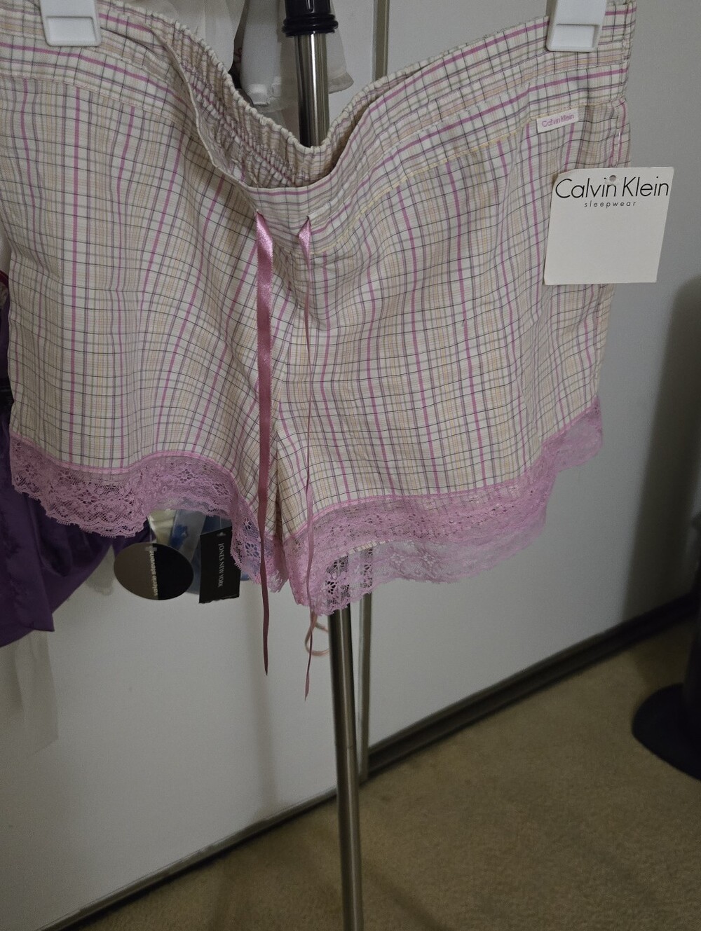 Calvin Klein Pink Plaid Lace-Trim Shorts